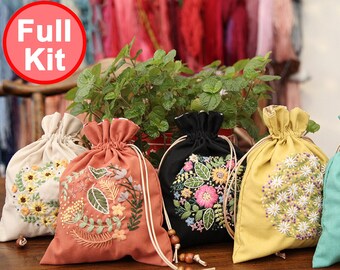 Cotton linen Pouch Bag Embroidery Kit, Laundry Bag, Nursery Decor, Toy Storage Bag, Bread Bag - 22x17cm