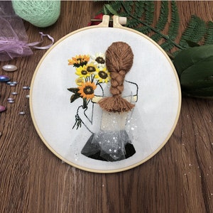 Pretty Girl Embroidery Kit for Beginner with Embroidery Hoop, Color Threads and Tools, English Manual