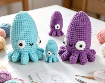 4 Cute Cuttlefish Crochet Kits for Beginners, DIY Handmade Craft Set