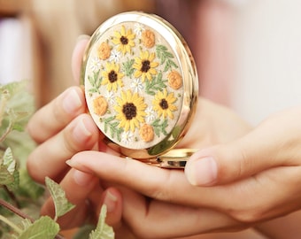 DIY borduurpakket beginners goud compacte spiegel - moderne bloemen handborduurwerk volledig pakket (D)