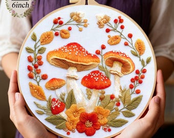 Mushroom Embroidery Kit - 2026 Forest Series For Beginners 6inch DIY Craft Kits Hanging Decorations