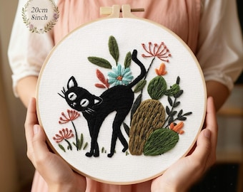 Black Cat Embroidery Kit for Starters with Hoop, Color Threads, Needles, English Manual Easy for Beginners