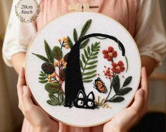 Cat Embroidery Kit for Beginners with Hoop, Color Threads, Needles, English Manual Easy for Starters