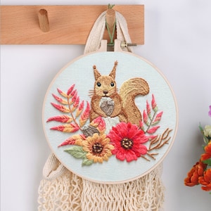 Squirrel Embroidery Kit for Beginner - 1 Plastic Embroidery Hoop, Color Threads and Tools, English Manual