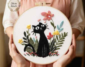 Kitten Embroidery Kit with Hoop, Color Threads, Needles, English Manual Easy for Beginners