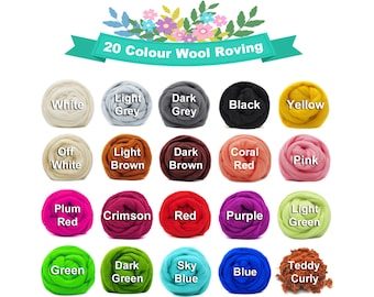 May include: Twenty different colors of wool roving, arranged in four rows of five. The colors include white, light grey, dark grey, black, yellow, off white, light brown, dark brown, coral red, pink, plum red, crimson, red, purple, light green, green, dark green, sky blue, blue, and teddy curly.