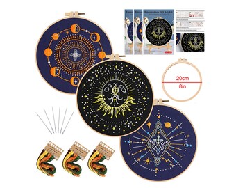 Planet Embroidery Kit for Beginners, Space DIY Embroidery Craft Set, 3 Pack Celestial Hoop Art Kit with 8 Inch Hoops
