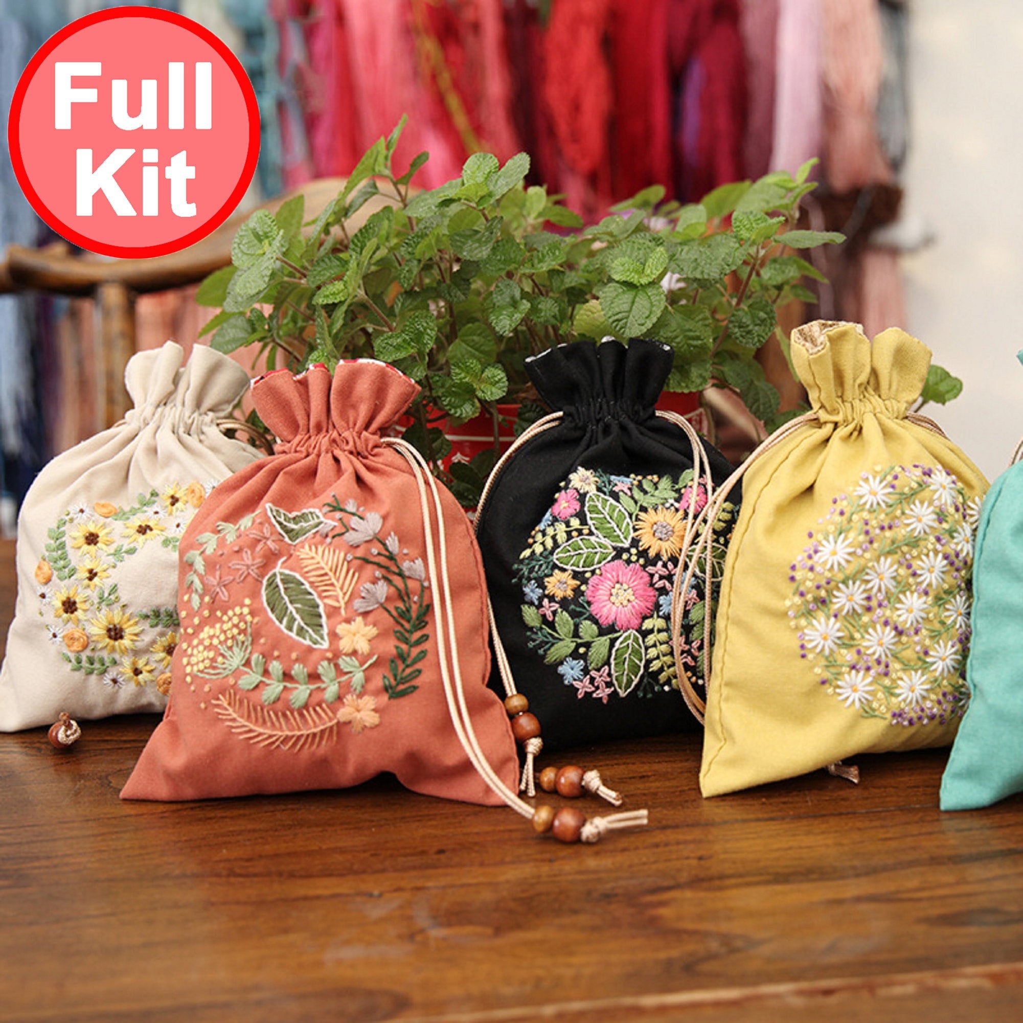 コットンリネンポーチバッグ刺繍キット、ランドリーバッグ、保育園の装飾、おもちゃ収納バッグ、パンバッグ - 22 x 17 cm