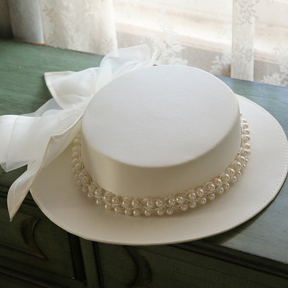 Retro flat top Français chapeau perle dame blanc nœud ruban - Etsy France