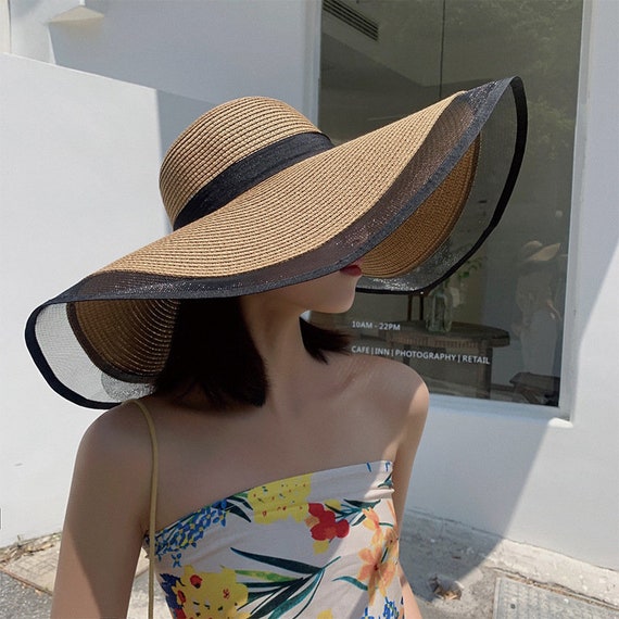Hepburn Style Ribbon Lace Straw Hat, Seaside Vacation Beach Hat, Straw Hat