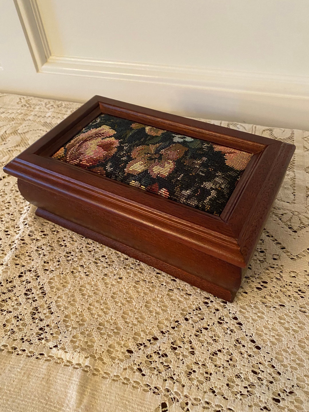 Vintage Tapestry Wooden Jewelry Box With Mirror Etsy