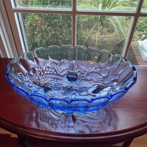 Vintage Blue Indiana Glass Harvest Footed Oval Bowl