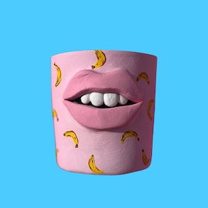 May include: Pink ceramic planter with a 3D sculpted mouth and white teeth. The planter is decorated with a pattern of yellow bananas.