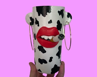 Quirky Mouth Cigarette ears Cow print Pen Pot