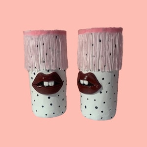 Weird Quirky Face Pot with Fringe // pink white and black homeware // weird, funny, gift for friend, unusual
