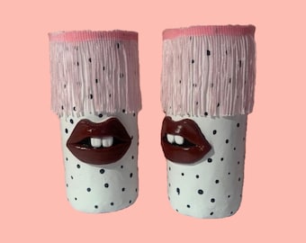 Weird Quirky Face Pot with Fringe // pink white and black homeware // weird, funny, gift for friend, unusual