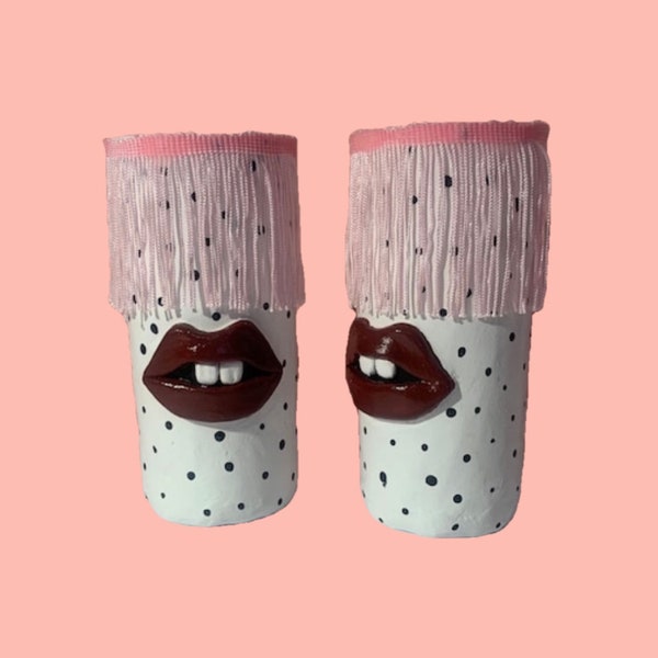 Weird Quirky Face Pot with Fringe // pink white and black homeware // weird, funny, gift for friend, unusual