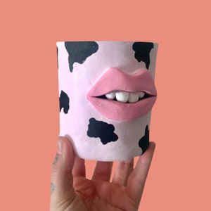 Quirky lips face pot - pink cow print