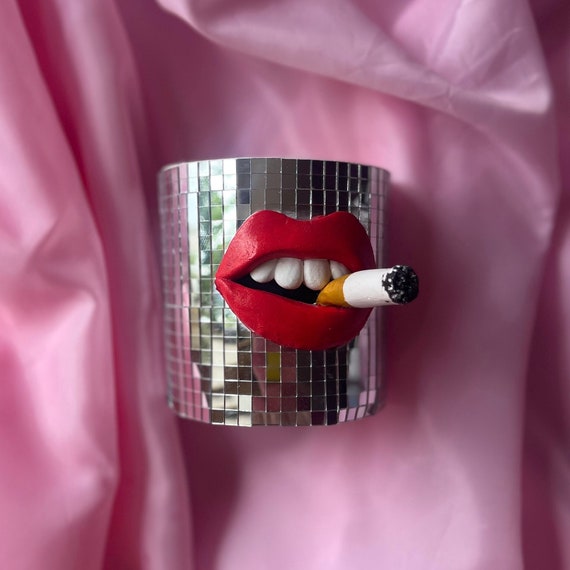 Disco Ball Planter With Lips and Cigarette