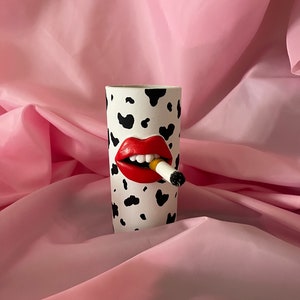 Quirky Mouth Cigarette Cow print Pen Pot