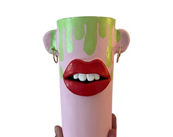 Cute slime like pink lip pot // handpainted handmade gift // interchangeable earrings // quirky gift