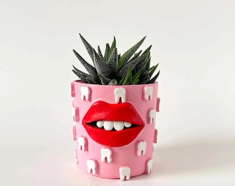 Quirky weird fun clay face pot with lips and teeth dentist gift - planter