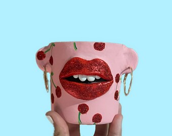 Handgemachter Übertopf mit Kirschen Glitter Print: Funky Home Decor