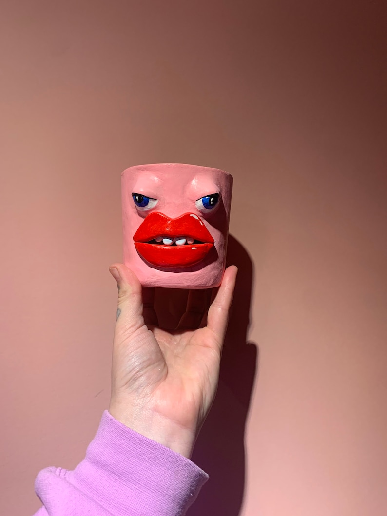 Quirky strange head face pot pink eyes and lips weird art image 4