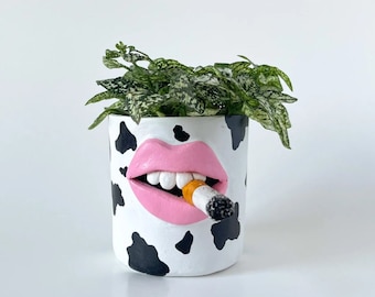 Handmade Lips Plant Pot: Quirky Cow Print Home Decor