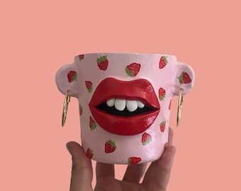 Handmade Strawberry Print Planter Pot: Funky Lips Decor