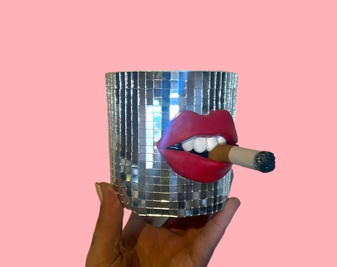 DISCO BALL Pot, mirror ball home decor with red lips and cigarette