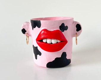 Quirky eccentric maximalist plant pot - red lips cow print pink earrings - funny gift - plant pot