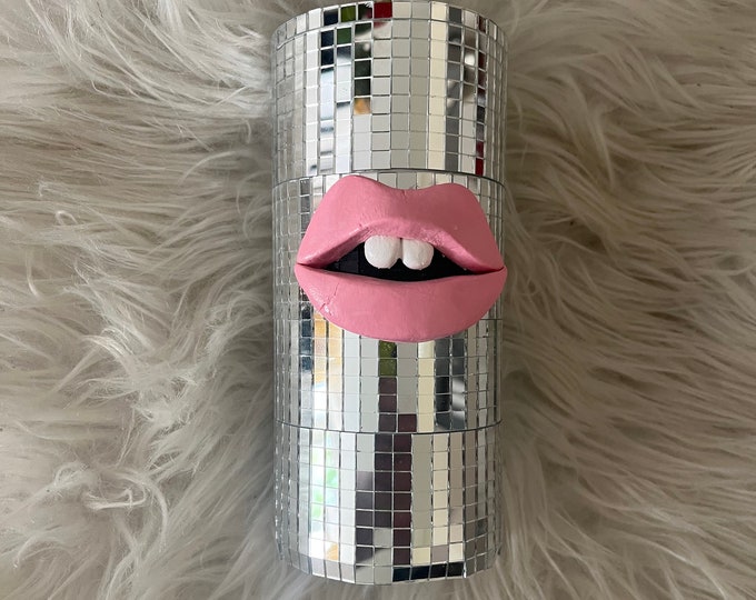 DISCO BALL Pot, mirror ball home decor with pink lips