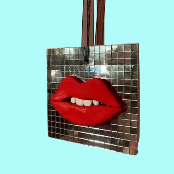 Disco Ball Wall Hanging // red lips // sparkly home decor // gift for friend // home office decor