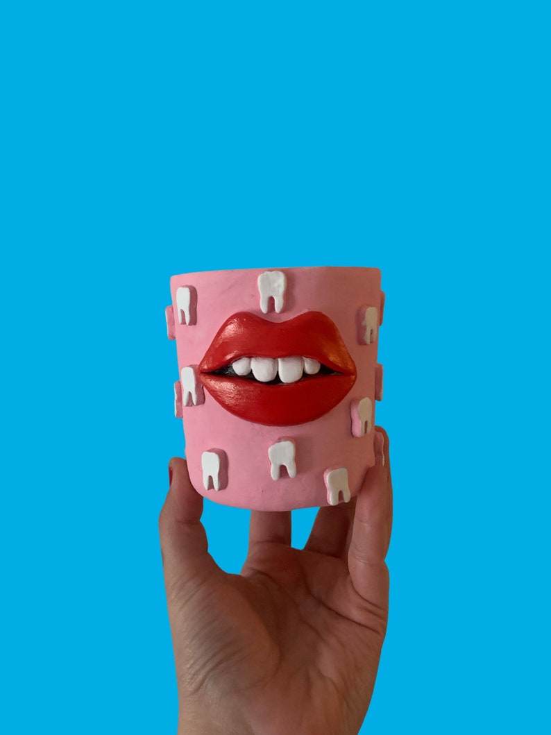 Quirky weird fun clay face pot with lips and teeth dentist gift planter image 4