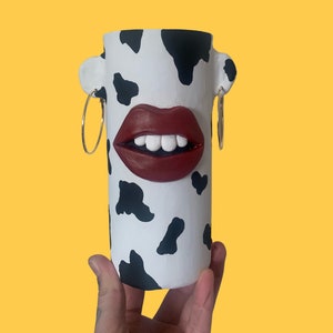 Lips mouth pot with ears - cow print home