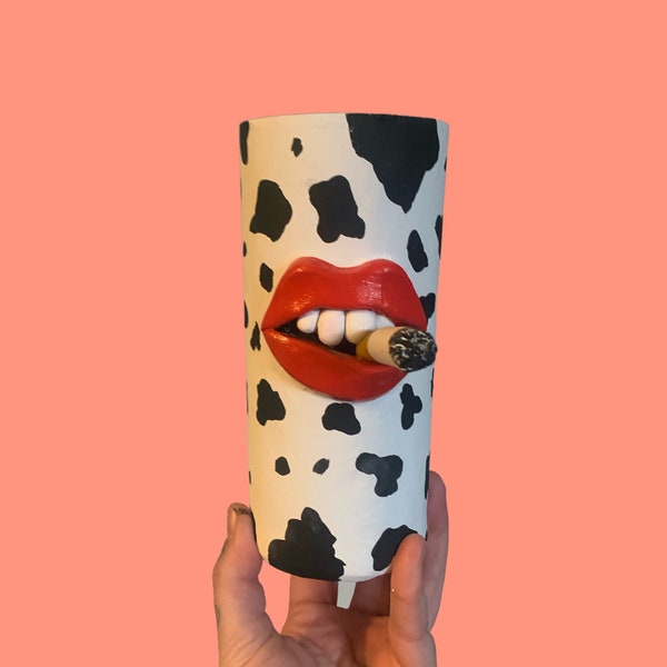 Quirky Mouth Cigarette Cow print Pen Pot