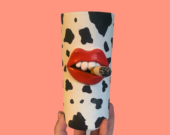 Quirky Mouth Cigarette Cow print Pen Pot