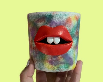 Quirky graffiti weird fun clay face pot with lips / colourful print