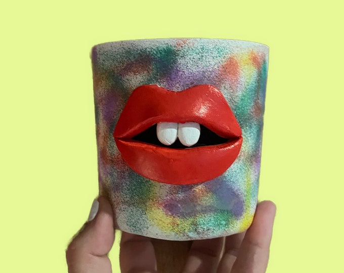 Quirky graffiti weird fun clay face pot with lips / colourful print