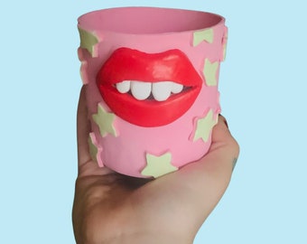 Quirky star print face/lip pot lime and pastel pink