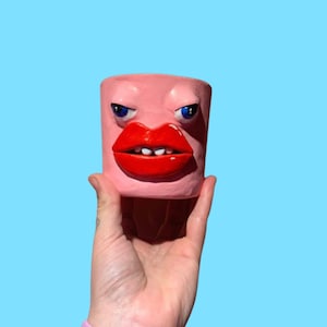 Quirky strange head face pot pink eyes and lips weird art