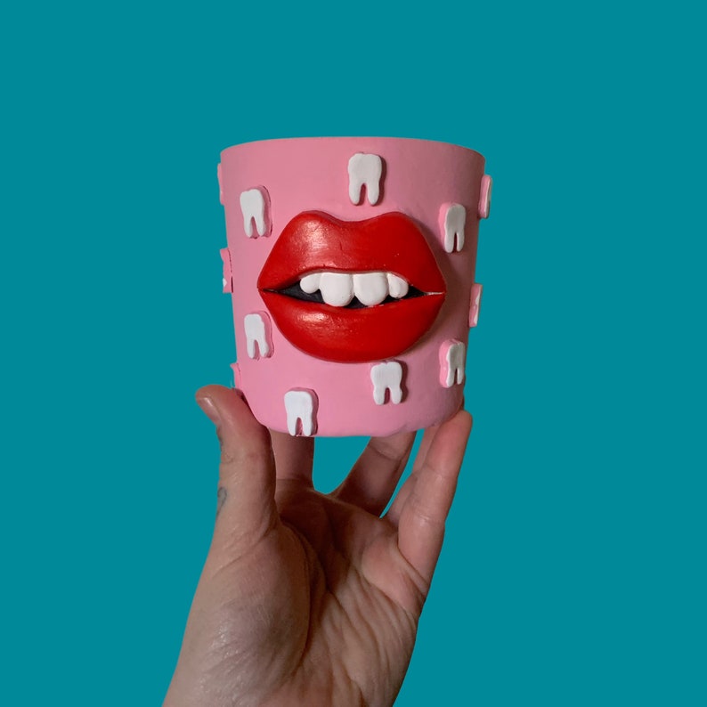 Quirky weird fun clay face pot with lips and teeth dentist gift planter image 2