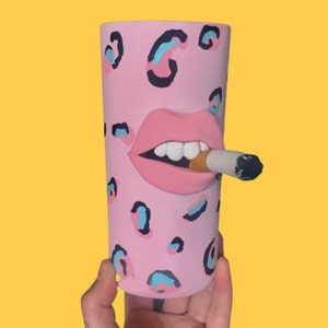 Quirky pink leopard print lip pot // maximalist funky home decor