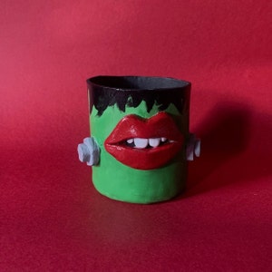 Adorno de Halloween de Frankenstein, maceta, tazón, cara, labios, espeluznante