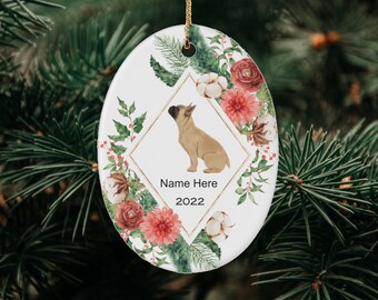 Personalized Dog Ornament, Custom Dog Ornament, Light Brown Fawn French Bulldog Dog Ornament, Dog Christmas Gift, Watercolor Wreath