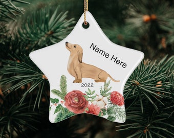 Personalized Dog Ornament, Custom Dog Ornament, Cream Dachshund Dog Ornament, Dog Christmas Gift, Dog Name Ornament, Star Ornament