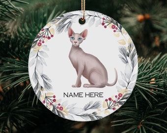 Personalized Cat Ornament, Custom Cat Ornament, Sphynx Cat Ornament, Cat Christmas Gift, Watercolor Wreath