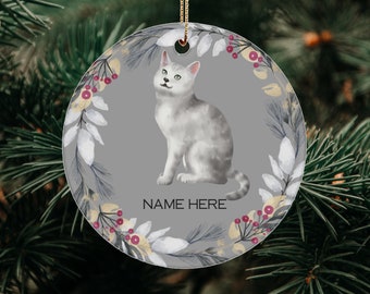Personalized Cat Ornament, Custom Cat Ornament, Grey White Burmilla Cat Ornament, Cat Christmas Gift, Watercolor Wreath