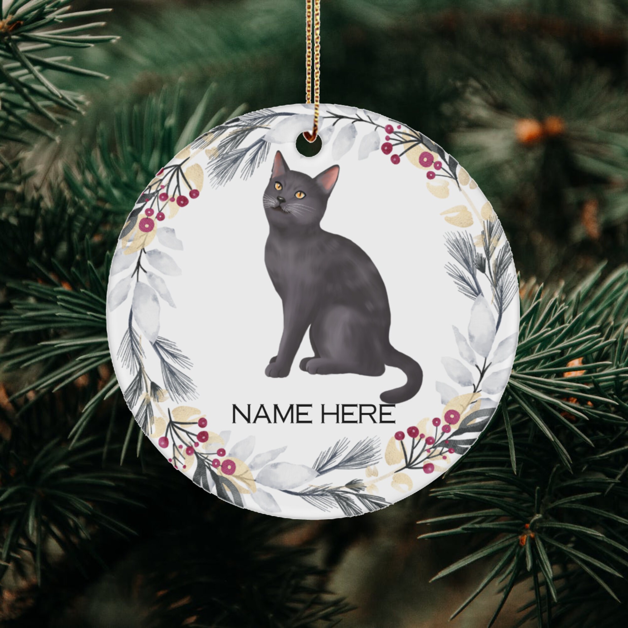 Personalized Black Cat Christmas Ornament – Custom Ceramic Pet Ornament With Berry Branch, Gift For Cat Lovers - View #3